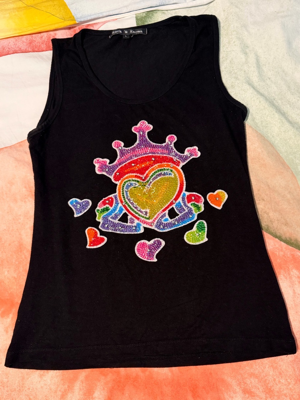 Black Tank Top with Rainbow Heart Crown Embellishment